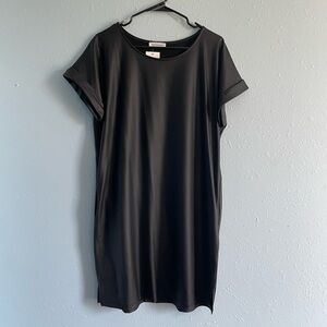 Black faux leather cap sleeve dress